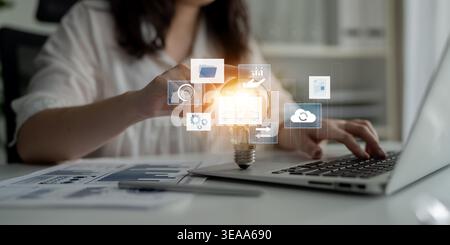 Digital business infrastructure with data system, analytics, sync. System management improves access, system management ensures performance, and Stock Photo