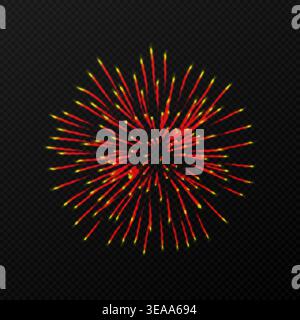 Bright red and yellow firework burst with glowing sparks on a dark transparent background, perfect for celebration, holiday, party, event and festive. Stock Vector