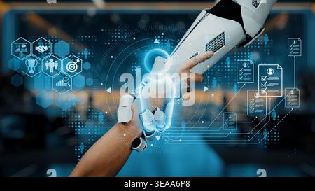 A captivating image showcasing the interaction between a human hand and a robotic arm, augmented with digital elements representing data and Stock Photo