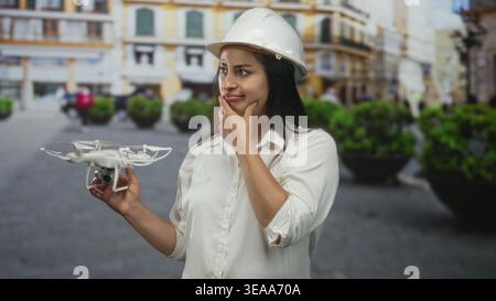 Woman engineer wearing hardhat holding white drone camera points finger up on city street; urban planning confidence. Stock Photo