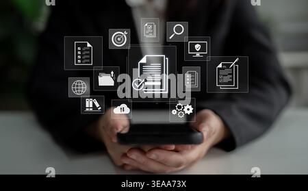 Concept of corporate compliance and quality control. Following a checklist and adhering to company policy and regulatory standards, confirmed by an Stock Photo