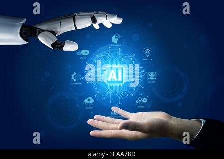 A generative AI assistant displays its core platform capabilities. This technology demonstrates its use in business automation, data analysis, and Stock Photo