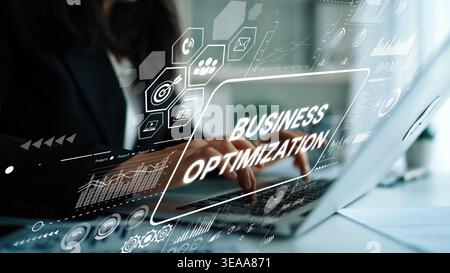 Business Optimization Concept with Hands on Laptop and Digital Interface Networking for Performance Improvement. Asymptotic smart data analytic. Stock Photo