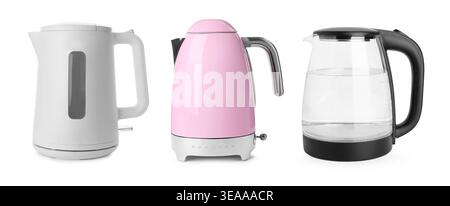 Different electric kettles isolated on white, set Stock Photo