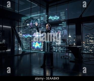 Cinematic shot, person standing and interacting with AI technology, people and artificial intelligence Stock Photo