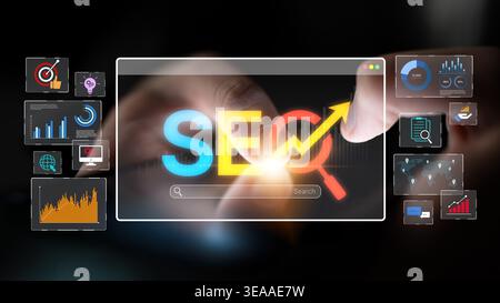 SEO concept for improving SEO visibility, with SEO related digital tools and SEO performance icons shown in an focused layout for strategic marketing Stock Photo