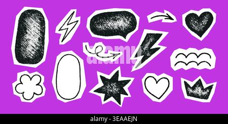 Crayon doodle scrapbook elements. Hand drawn cutout collage stickers. Collage crown, arrow and heart. Paper scrapbook vintage shape with crayon Stock Vector