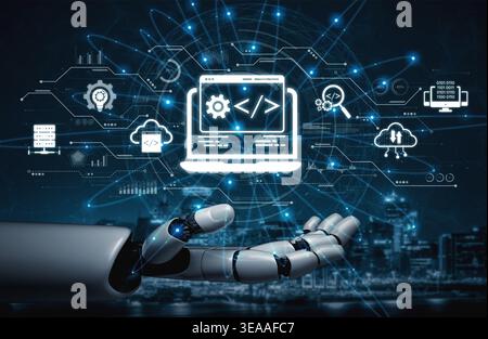 AI streamlines web development with smart coding tools, interface automation, and futuristic design systems for building efficient online platforms Stock Photo