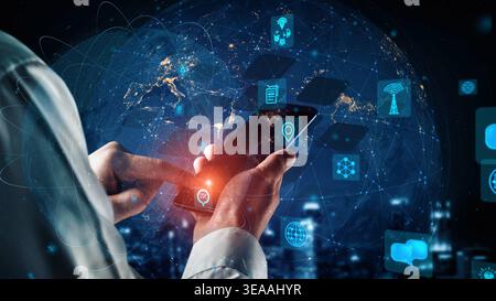 A person interacts with a smartphone while surrounded by digital icons and a global network, representing modern connectivity and the digital era Stock Photo