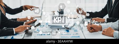 Business intelligence and data analysis concept. Team of analyst working on financial data analysis dashboard on paper as marketing indication for Stock Photo