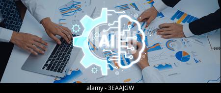Concept of Artificial Intelligence combining industrial automation with cognitive technology. A machine learning brain processes information to Stock Photo