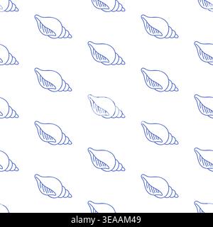 Seamless pattern with sea shells in blue line style on white background. Outline nautical print Stock Vector