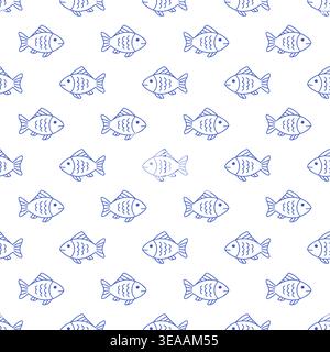 Seamless pattern with fishes in blue line style on white background. Outline nautical print. Stock Vector
