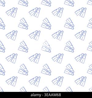 Seamless pattern with flippers in blue line style on white background. Outline diving print. Stock Vector
