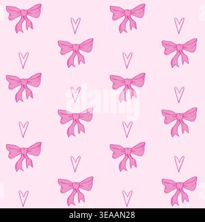 Pink ribbons seamless pattern. Repeating design element for printing on fabric. Cute bows with heart. Love and romance, tenderness. Feminine Stock Vector
