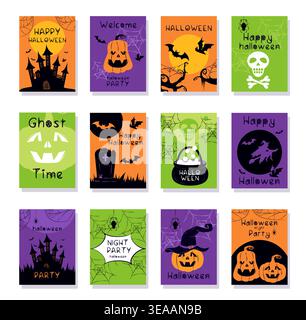 Halloween cards set. Dark silhouettes of castle, grave, potion and pumpkin. Scary holiday and festival. Party invitation postcards pack. Flat vector Stock Vector