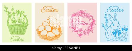 Happy Easter silhouettes posters set. Green, yellow, pink and blue postcards with Easter sketches. Basket with eggs, chick and rabbit. Flat vector Stock Vector