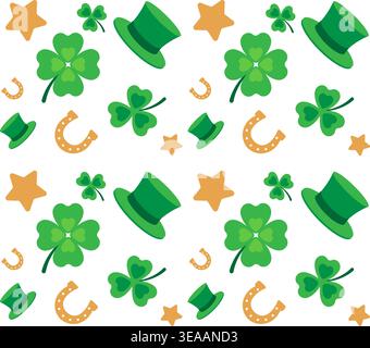 Saint Patricks Day seamless pattern. Repeating design element for printing on fabric. Green hat, clover and golden horseshoe. Traditional Irish Stock Vector