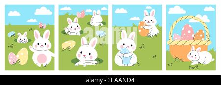 Set of Easter cards. White bunnies and basket with colorful eggs. Traditional spring religious holiday. Pack of postcards. Flat vector collection Stock Vector