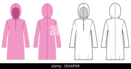 Hooded long sleeve dress relaxed silhouette, clean construction lines minimal shaping, soft structure casual proportions. Technical fashion illustration in black white color, front back views, CAD template. Vector illustration Stock Vector