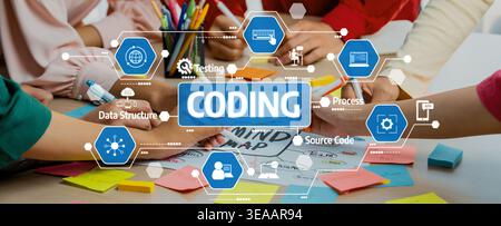 Creative business team brainstorming about marketing strategy and business plan by using mind mapping. Startup team work together to write down on pap Stock Photo