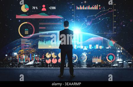 A businessman stands with his back to the viewer, analyzing various colorful data visualizations and charts against a stunning futuristic cityscape. I Stock Photo