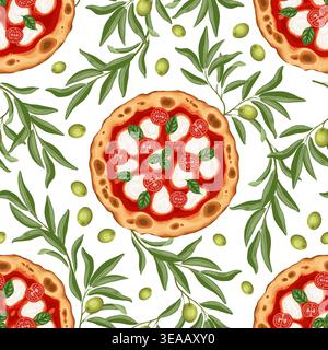 Pizza napolitana with olive vector seamless pattern. Hand drawn top view meal on white background. Traditional italian food for pizzeria card design. Culinary floral ornament for paper and textile. Stock Vector