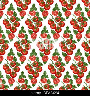 Tomato cherry branch and basil leaf vector seamless pattern. Hand drawn vegetable rhomb on white background. Organic food for restaurant menu design. Natural kitchen print for wallpaper and textile. Stock Vector