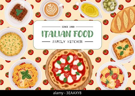 Italian food background with pizza and spaghetti top view. Rectangular vector hand drawn illustration for cafe menu and restaurant template. Cartoon ravioli and lasagna for product packaging design. Stock Vector