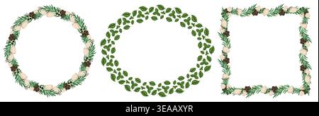 Herbal frame set vector food illustration. Hand drawn circle and square wreath with rosemary twig and peppercorn. Fresh organic ingredient for restaurant menu design. Perfect for packaging template. Stock Vector