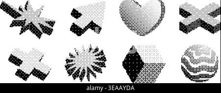 Pixel geometric shape set. Bitmap 3D form collection. Pixelated element pack for graphic design, banner, poster, leaflet. Halftone rasterized effect bundle. Vector trendy Y2K dither objects Stock Vector