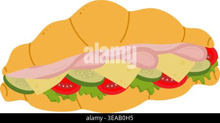 Sandwich made of croissant, ham slices, cheese, tomato and cucumber Menu Sticker Icon design element. Isolated Vector illustration Fast Food or Delivery Related content promo leaflets, media post, tag Stock Vector