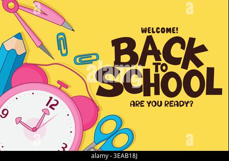 Back to School greeting card template clipart. Welcome Back to School greeting text banner template clip art in minimal yellow background with alarm Stock Vector