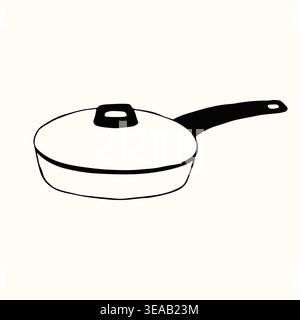 A classic frying pan with a matching lid and a sleek long handle is rendered in a clean minimalist style. This versatile vector illustration is great Stock Vector