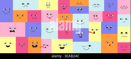 Different facial expressions set. Abstract cute expressive emojis faces. Playful characters with eyes, quirky smiling emotions colored art. Cartoon face doodle style icons modern drawn expressions Stock Vector