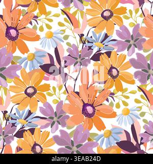 Vector seamless floral pattern with hand drawn flowers. Colorful botanical textile print Stock Vector