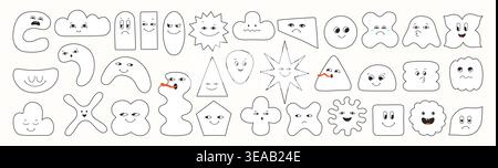 Abstract geometric characters set cute doodle blob shapes and expressive comic faces. Playful line figures with eyes emotions quirky forms. Fun modern cartoon geometry with smiling happy face elements Stock Vector