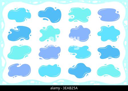 Liquid shapes and frames with uneven wavy edges set. Fluid puddles, splashes, drops, blobs and stains. Rounded organic forms. Smooth watery blotches, soft spills drips abstract shapes text backgrounds Stock Vector