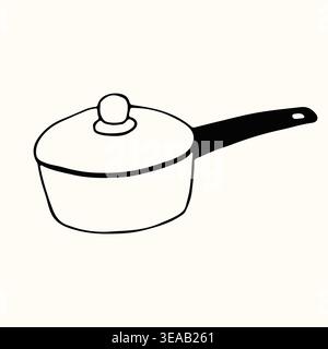 Simple hand drawn saucepan with a practical lid and a sturdy long handle. This clean black and white vector graphic is perfect for cooking Stock Vector