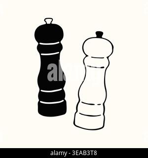 Doodle hand drawn illustration with a classic salt and pepper mill set in a minimalist style. The high contrast black and white vector art is ideal Stock Vector