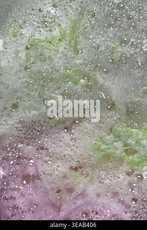 Colorful foam and bubbles produced by bath bombs in water, creates an organic, textured background element resembling a nebula scene from outer space. Stock Photo