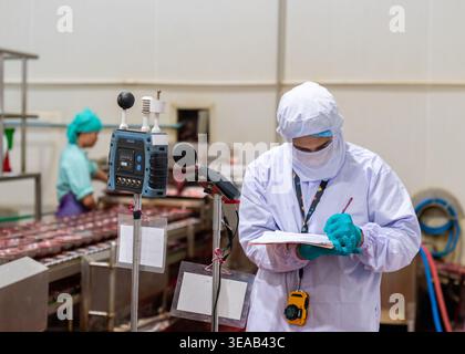 Occupational health specialist conducting a noise and thermal environment audit in a food processing plant, writing results on a clipboard near a moni Stock Photo