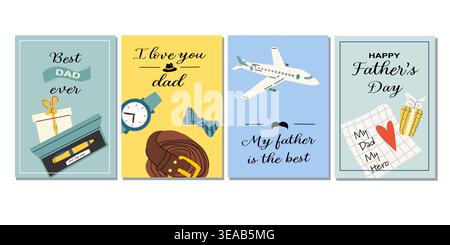 Vector set of greeting cards for Father's Day. Cartoon flat illustration, cards with ties, shirts, and messages. Happy Father's Day poster set. Stock Vector