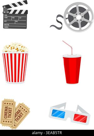 Classic cinema movie icons featuring popcorn soda tickets film reel 3D glasses and clapperboard for film industry and theater design concepts. Stock Vector