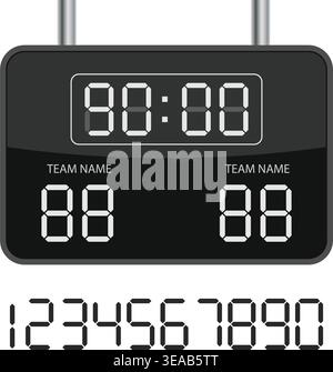 A black electronic scoreboard featuring a digital clock and team score counters with a full set of numeric digits. Stock Vector