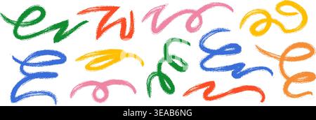 Colorful hand drawn organic line collection. Brush stroke squiggle shape set. Vector charcoal chalk serpentine streamers. Crayon curly wave element bundle. Wiggly scribble pack for party decor, poster Stock Vector