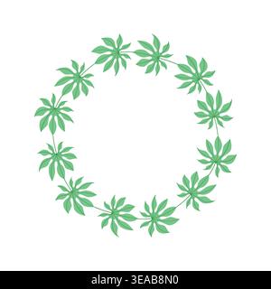 Green finger leaves wreath frame isolated on white, botanical circle border for tropical wedding invitation, logo design and eco branding Stock Vector