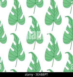 Green monstera leaf seamless pattern, minimalist tropical botanical background for textile, wallpaper, nursery decor and organic packaging Stock Vector
