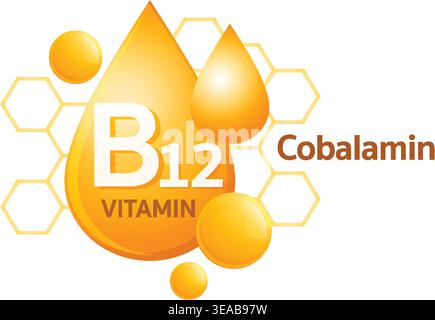 Bright vector illustration of vitamin B12 cobalamin with orange droplets and hexagonal background elements Stock Vector