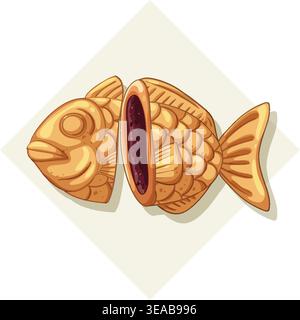 Vector illustration of taiyaki pastry cut open, revealing sweet red bean filling inside Stock Vector